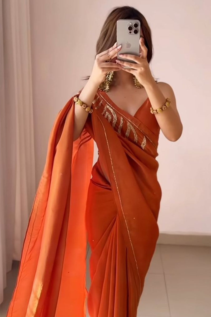 Tempting Orange 1 Minute Ready To Wear Malai Satin Silk Saree