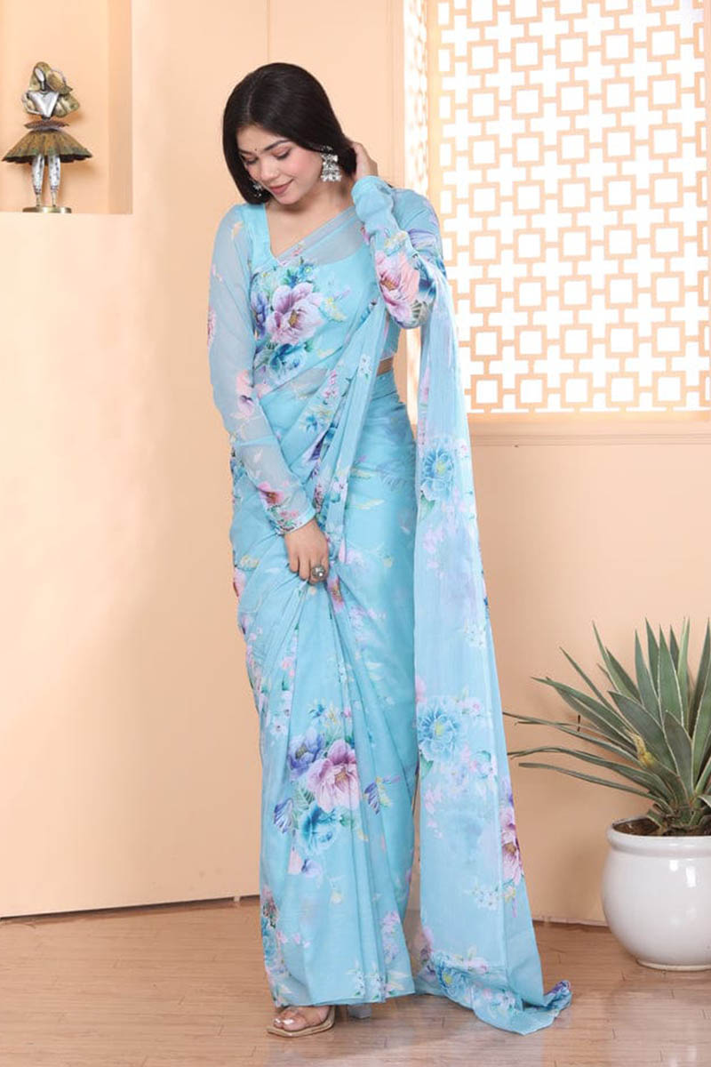 Brood 1 Minute Ready To Wear Sky Blue Floral Digital Printed Georgette Saree with Blouse Piece