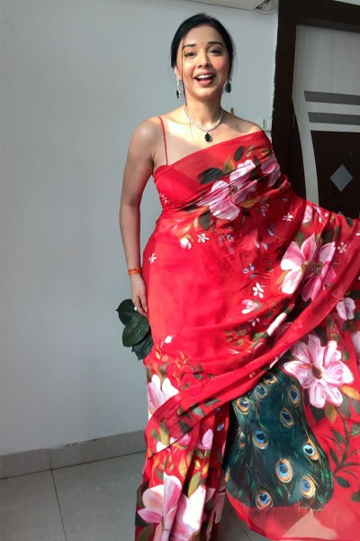 Sophisticated Red 1 Minute Ready To Wear Floral Digital Printed Georgette Saree With Blouse Piece