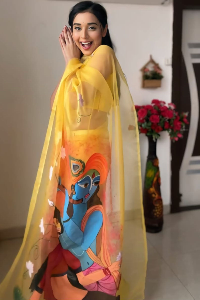 Girlish 1-Minute Ready To Wear Yellow Organza Silk Saree