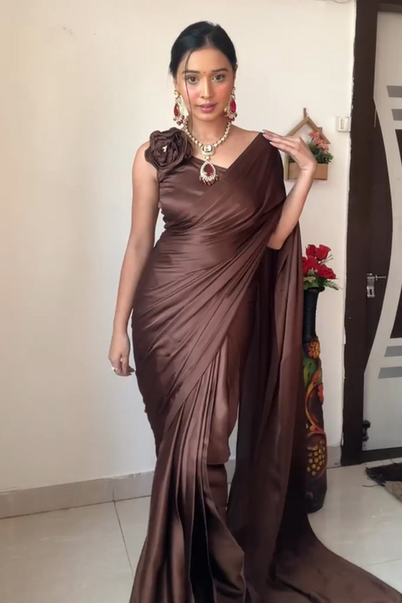 Lagniappe 1 Minute Ready To Wear Brown Japan Satin Silk Saree