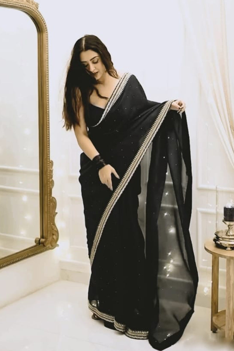 Adorning 1-Minute Ready To Wear Black Organza Silk Saree