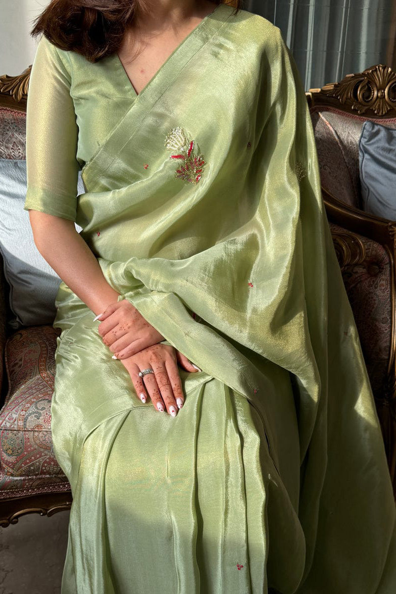 Lagniappe Pista Green 1 Minute Ready To Wear Malai Satin Silk Saree