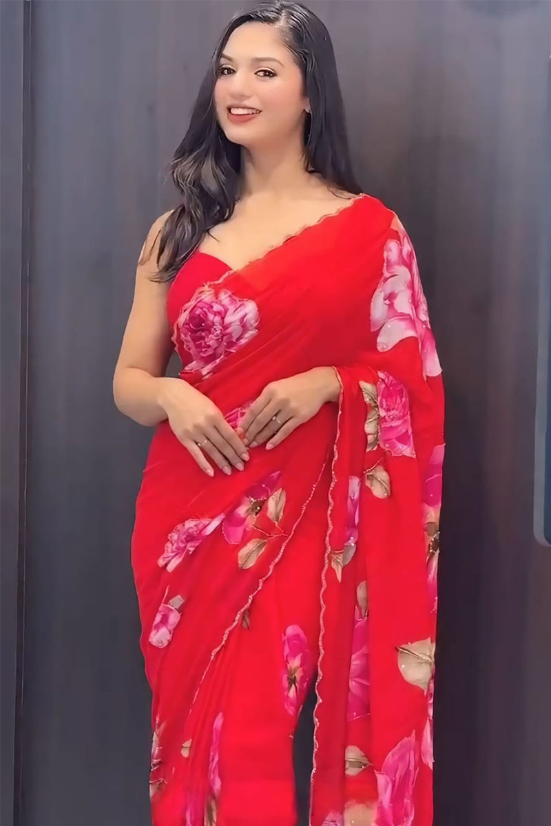 Seraglio 1 Minute Ready To Wear Pink Floral Digital Printed Georgette Silk Saree