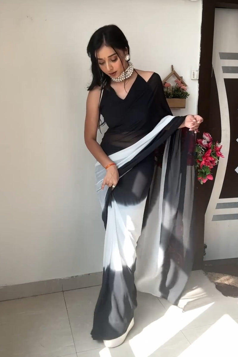 Artistic 1-Minute Ready To Wear Black And White Color Georgette Saree