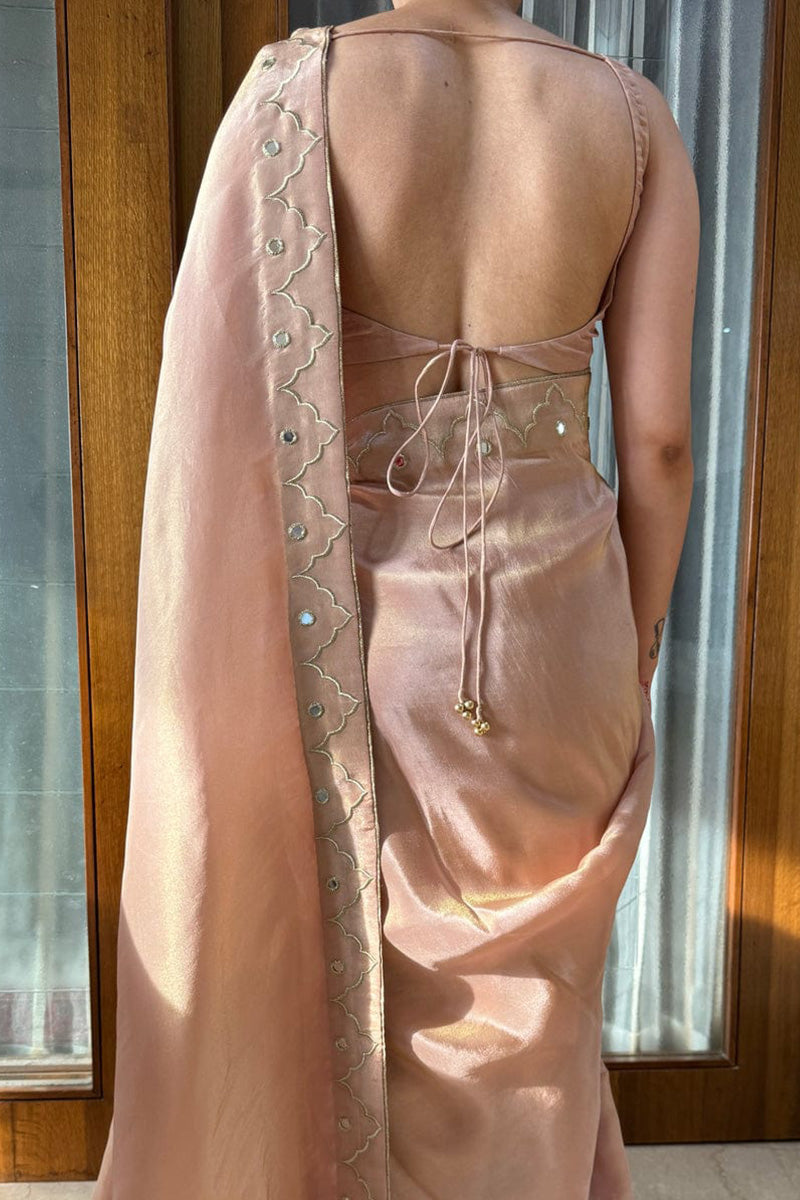 Radiant Peach 1 Minute Ready To Wear Malai Satin Silk Saree