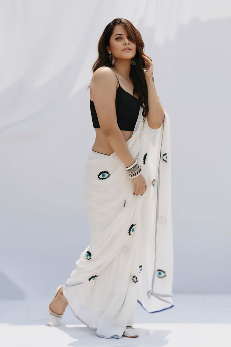 Seraphic 1-Minute Ready To Wear White Georgette Saree