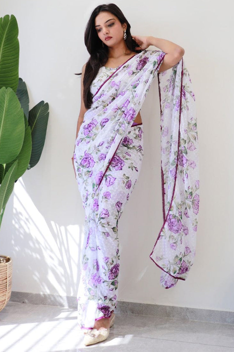 Engrossing 1 Minute Ready To Wear White Floral Digital Printed Georgette Saree