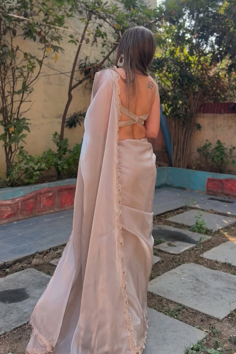 Hypnotic Rosy Brown Jimmy Choo Silk Saree With Stitched Blouse Piece