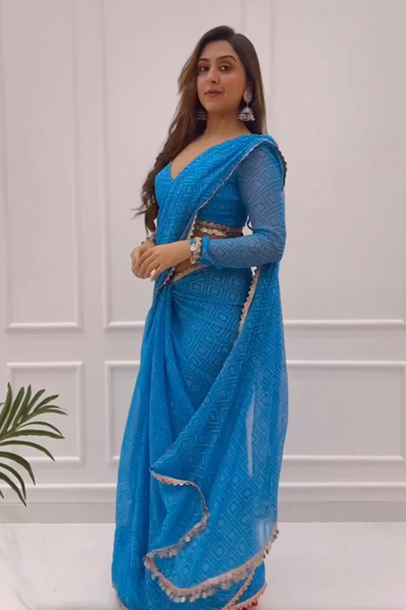 Glorious 1 Minute Ready To Wear Blue Color Digital Printed Georgette Saree With Unstitched Blouse