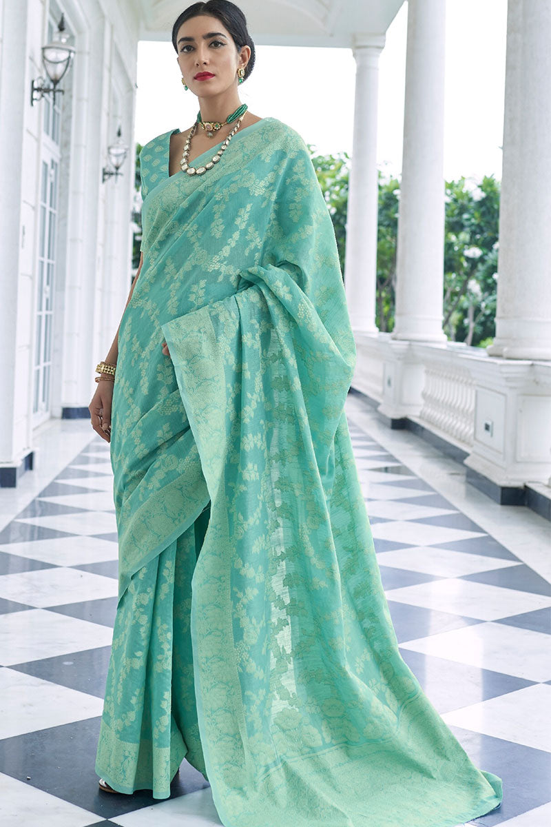 Redolent Turquoise Lucknowi Silk Saree With Ideal Blouse Piece