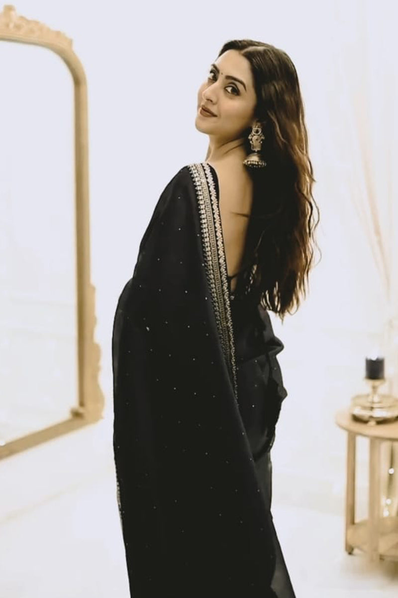 Adorning 1-Minute Ready To Wear Black Organza Silk Saree