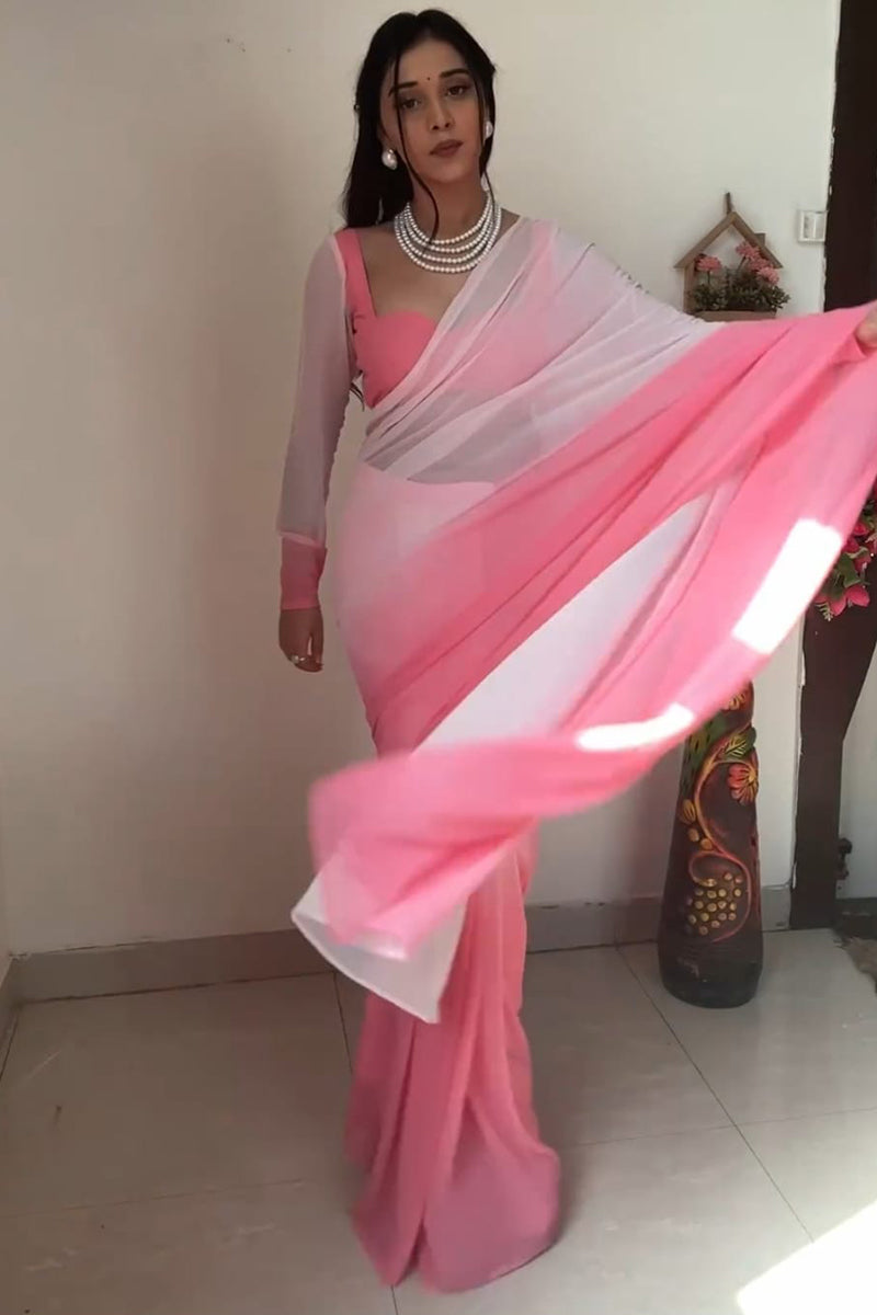 Profuse 1-Minute Ready To Wear Pink And White Color Georgette Saree