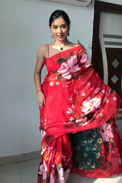 Sophisticated Red 1 Minute Ready To Wear Floral Digital Printed Georgette Saree With Blouse Piece