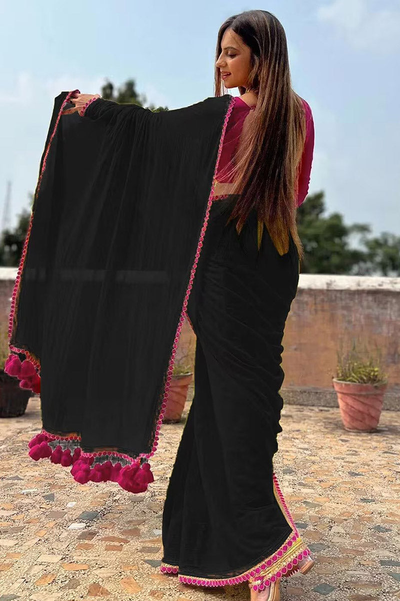 Panoply Black Georgette Saree With Handmade Tussels