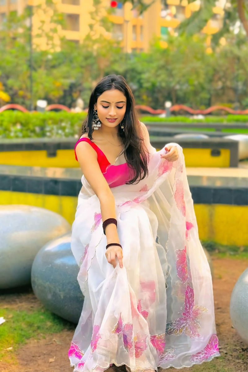 Jazzy 1-Minute Ready To Wear Off White Organza Silk Saree