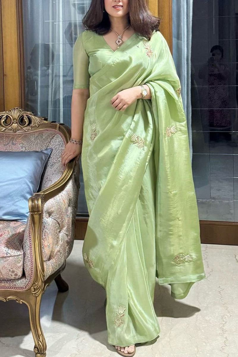 Lagniappe Pista Green 1 Minute Ready To Wear Malai Satin Silk Saree