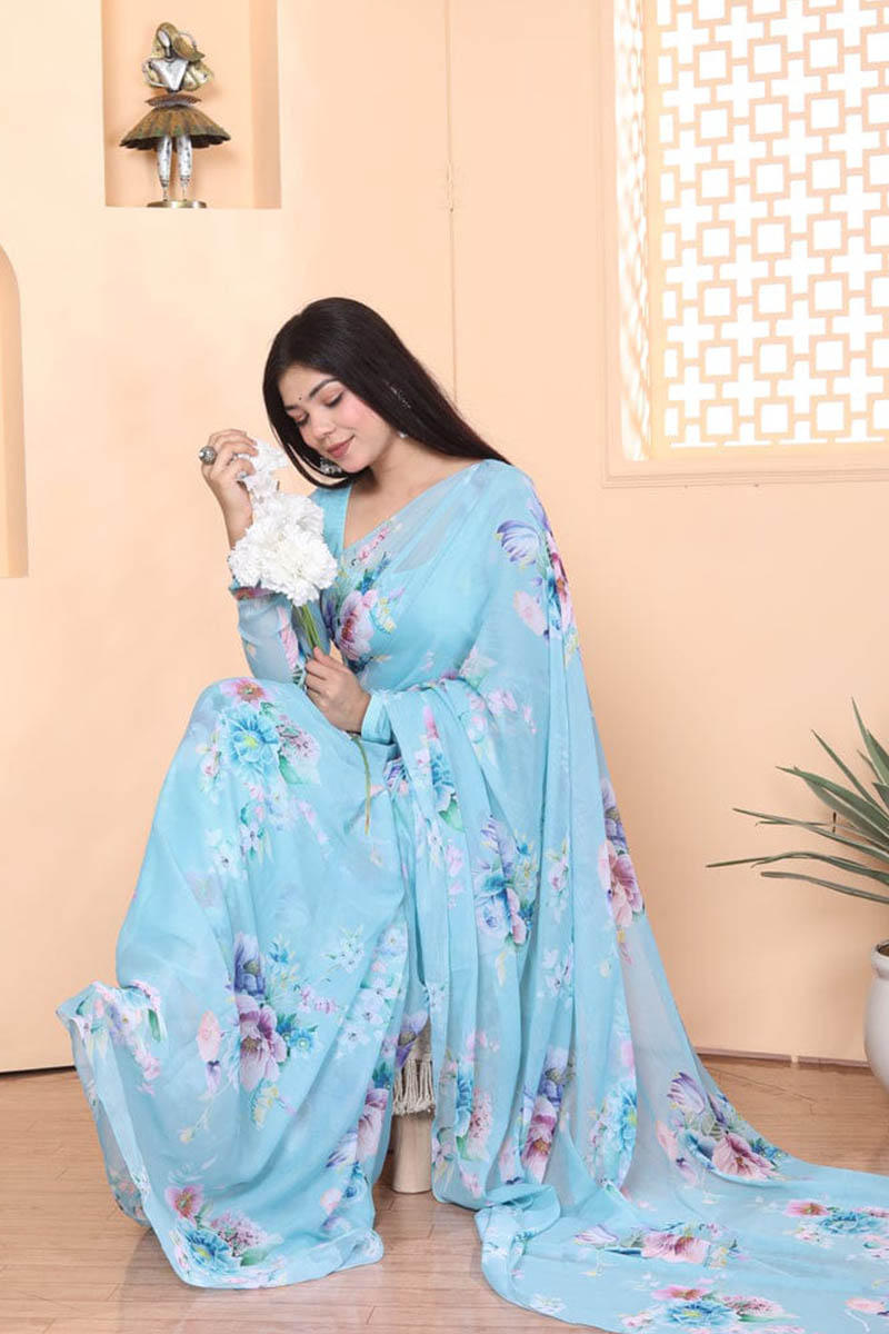 Brood 1 Minute Ready To Wear Sky Blue Floral Digital Printed Georgette Saree with Blouse Piece