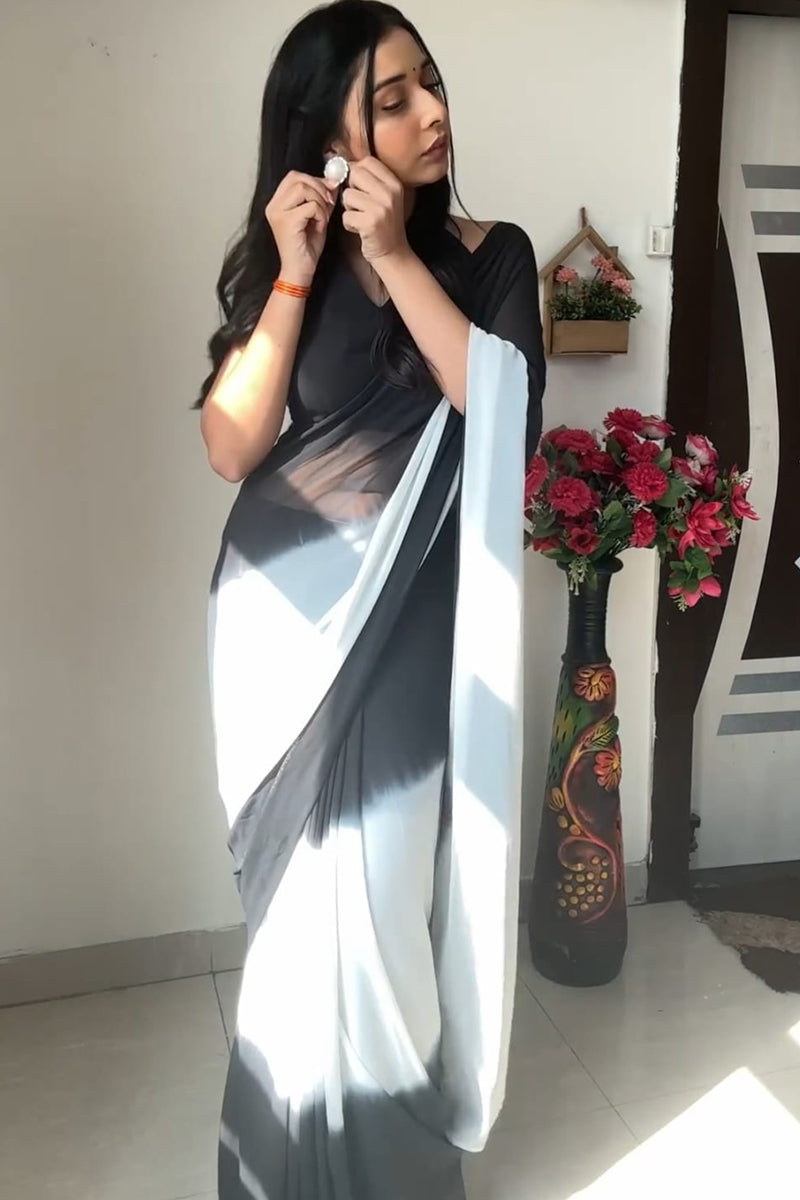 Artistic 1-Minute Ready To Wear Black And White Color Georgette Saree