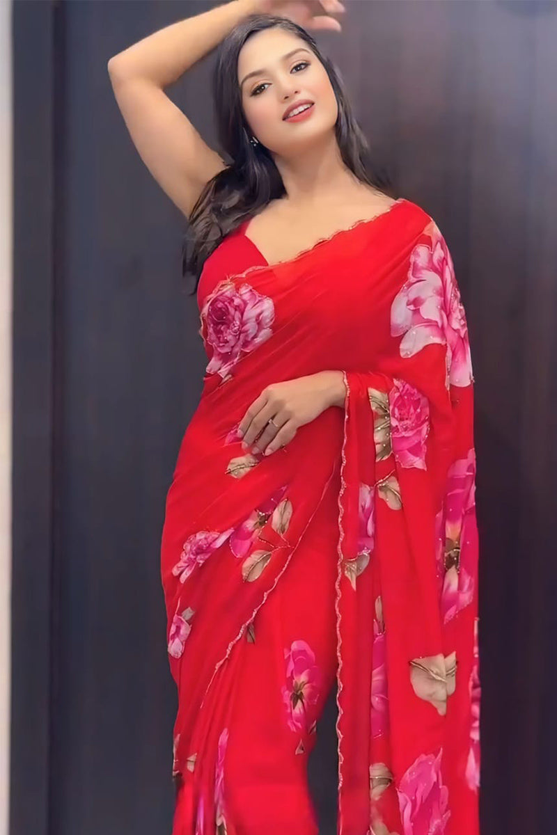 Seraglio 1 Minute Ready To Wear Pink Floral Digital Printed Georgette Silk Saree