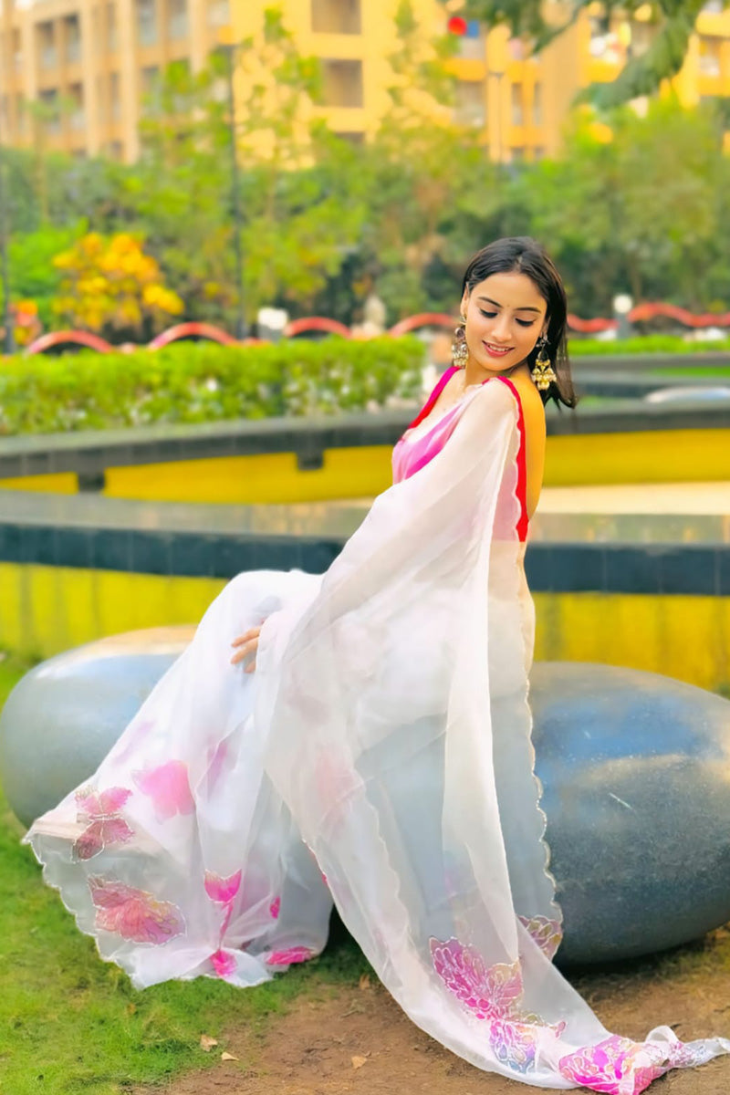 Jazzy 1-Minute Ready To Wear Off White Organza Silk Saree