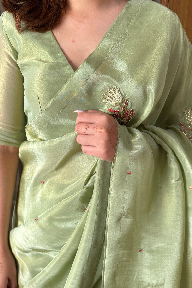Lagniappe Pista Green 1 Minute Ready To Wear Malai Satin Silk Saree