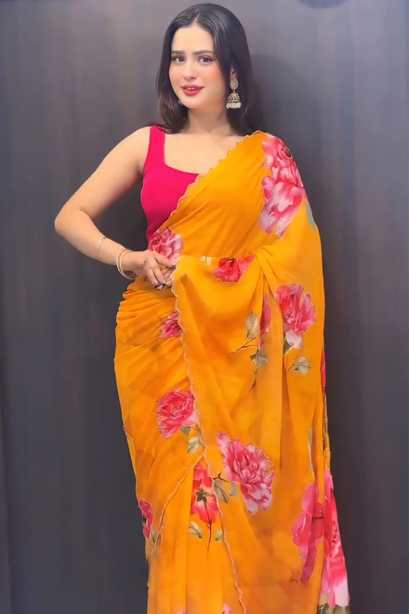 Lovely 1-Minute Ready To Yellow Georgette Saree