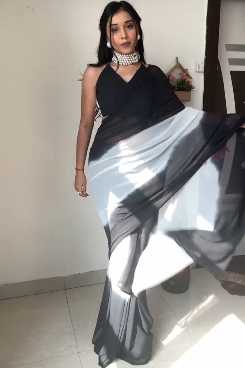 Artistic 1-Minute Ready To Wear Black And White Color Georgette Saree