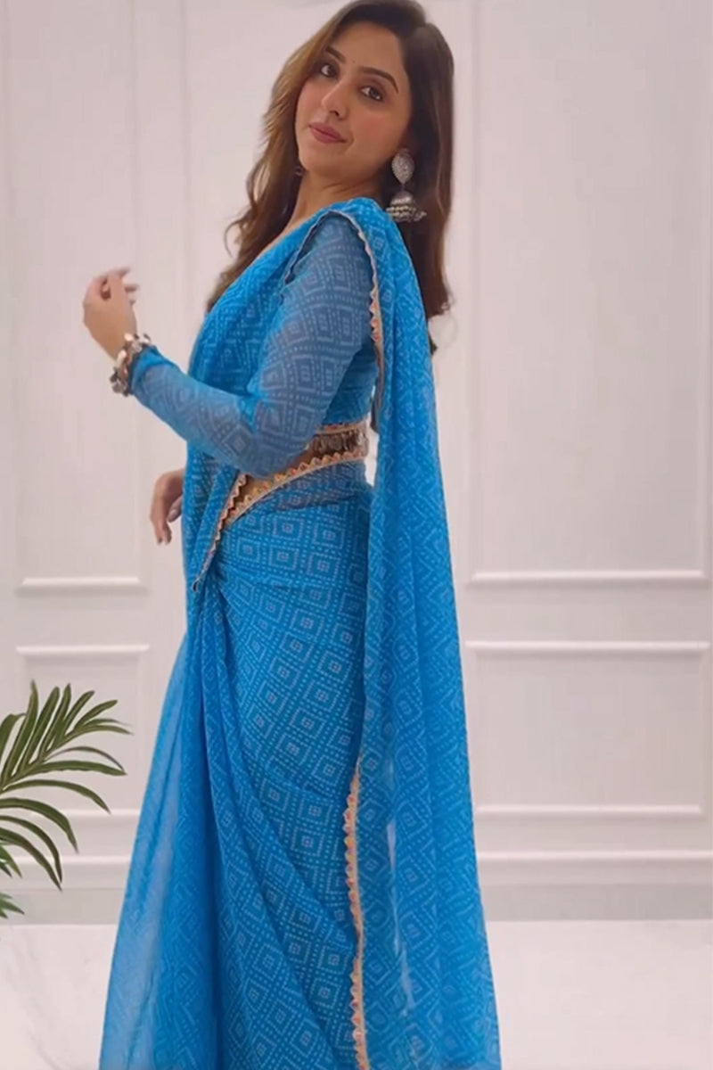 Glorious 1 Minute Ready To Wear Blue Color Digital Printed Georgette Saree With Unstitched Blouse