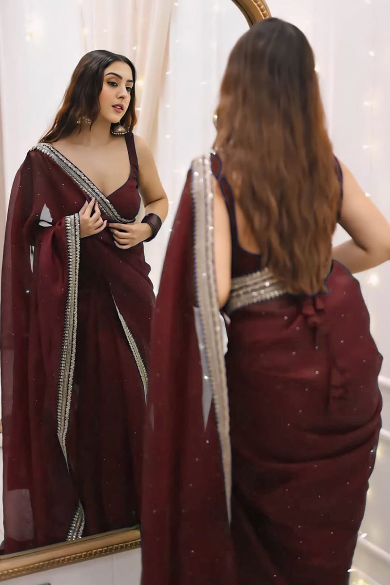 Effulgent 1-Minute Ready To Wear Maroon Organza Silk Saree
