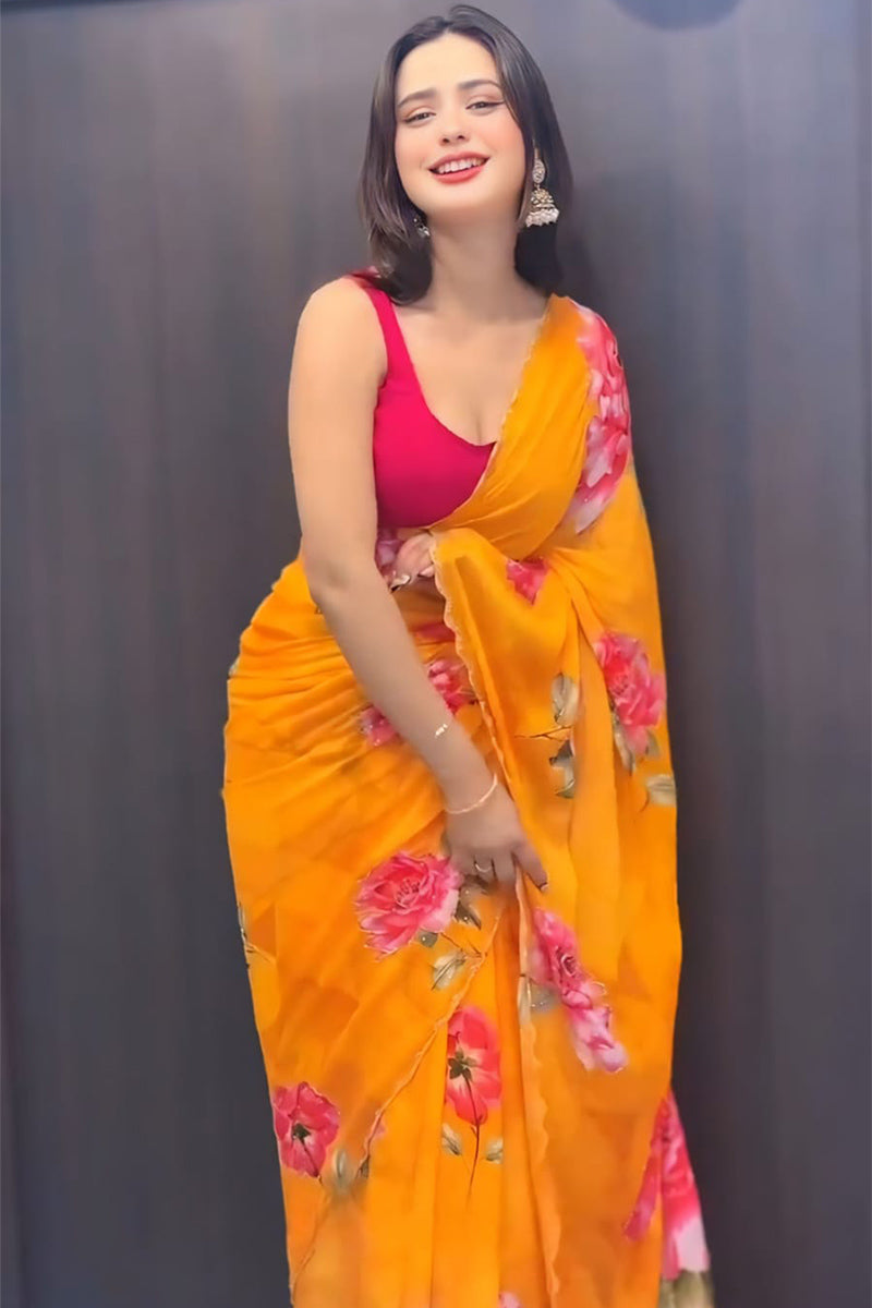 Lovely 1-Minute Ready To Yellow Georgette Saree