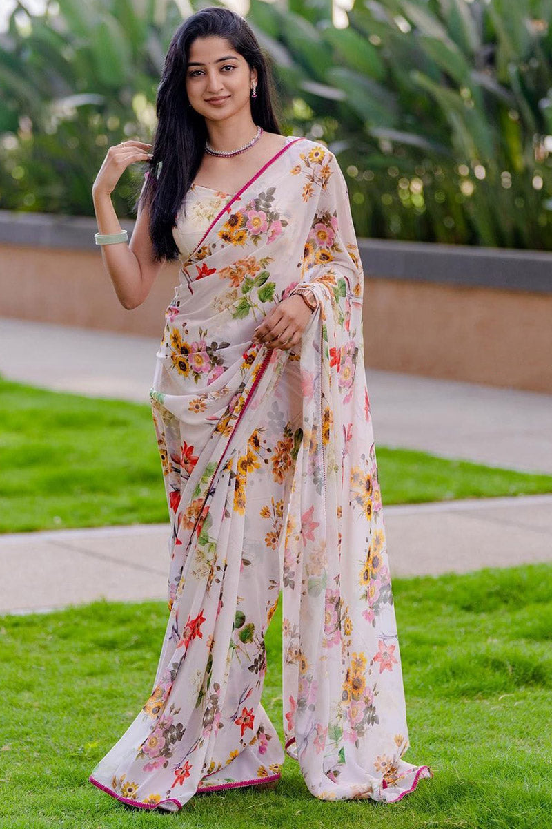 Charming 1 Minutes Ready To Wear White Floral Digital Printed Georgette Saree