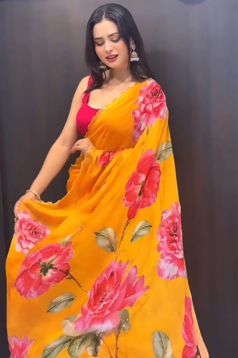 Lovely 1-Minute Ready To Yellow Georgette Saree