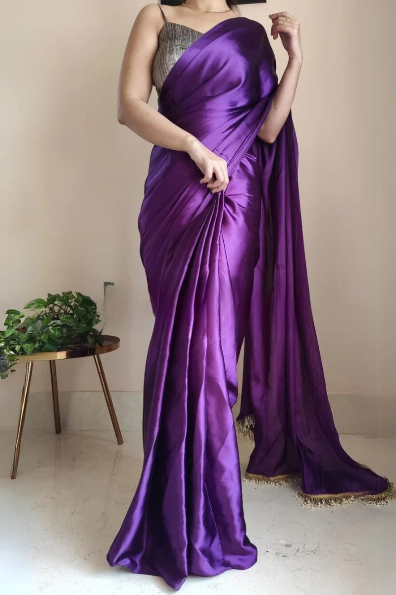 Elision Violet 1 Minute Ready To Wear Satin Silk Saree With Handmade Tassels