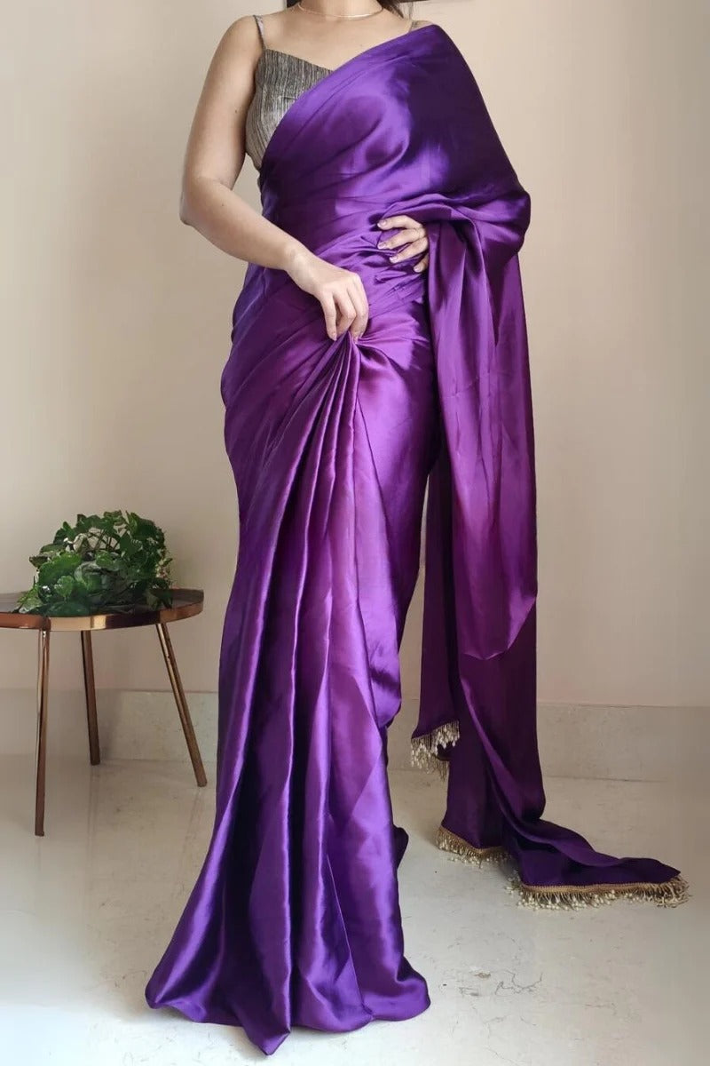 Elision Violet 1 Minute Ready To Wear Satin Silk Saree With Handmade Tassels