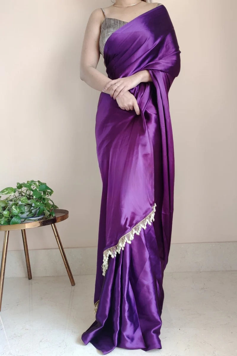 Elision Violet 1 Minute Ready To Wear Satin Silk Saree With Handmade Tassels