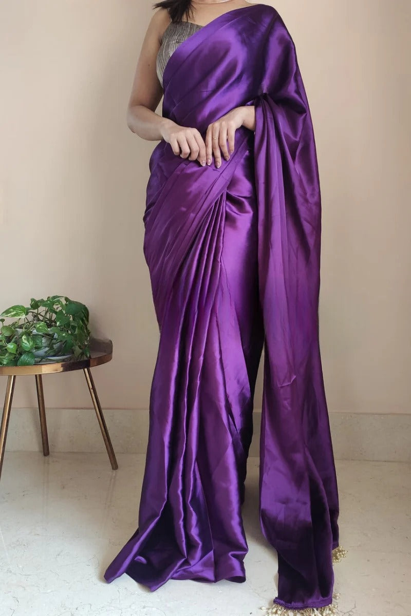 Elision Violet 1 Minute Ready To Wear Satin Silk Saree With Handmade Tassels