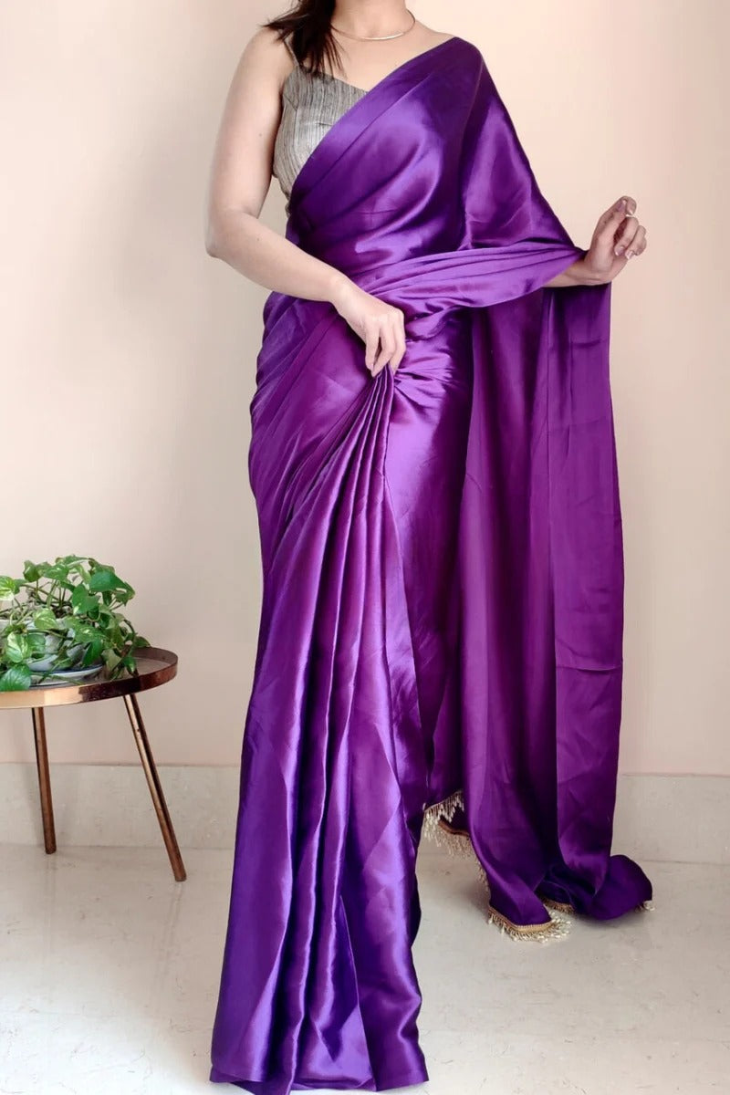 Elision Violet 1 Minute Ready To Wear Satin Silk Saree With Handmade Tassels