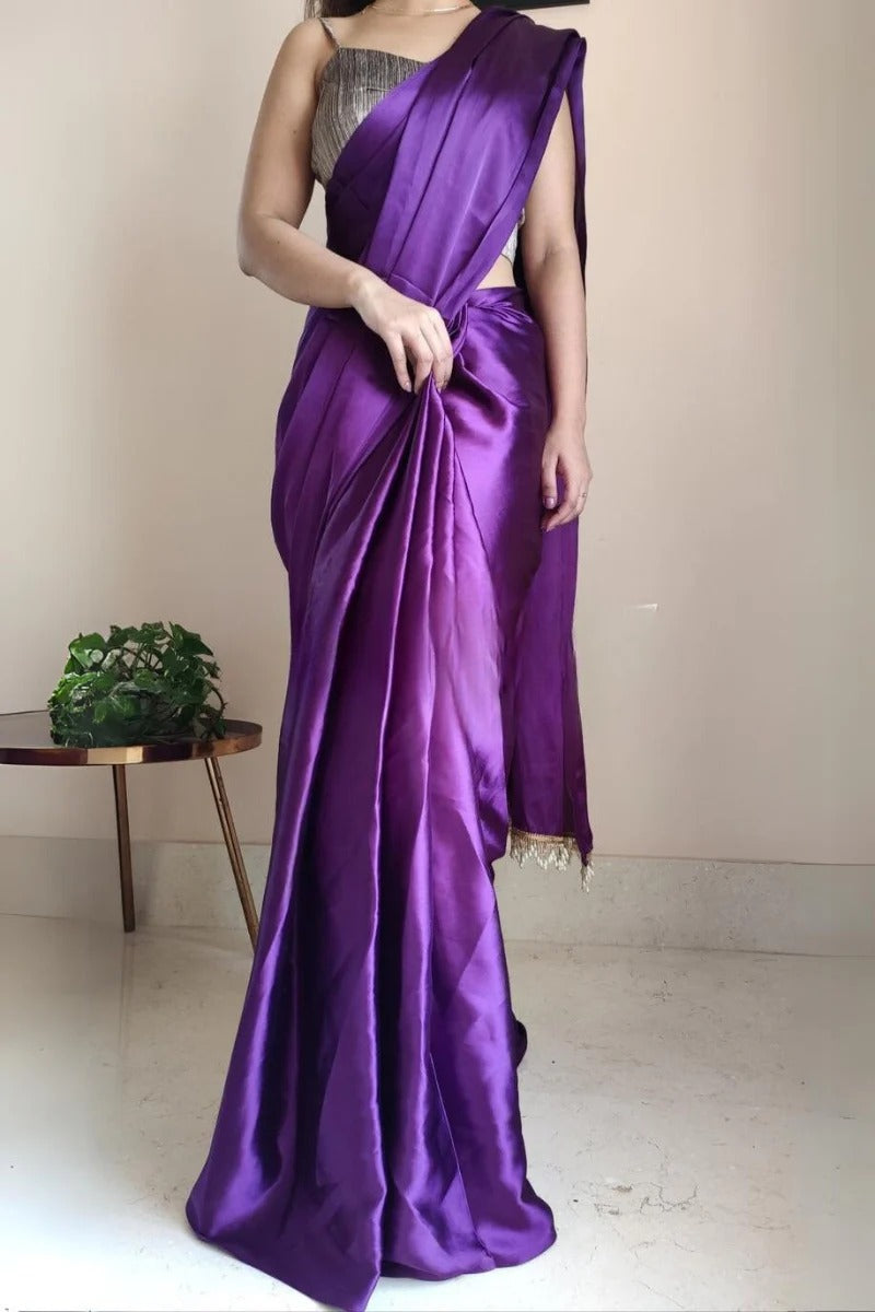 Elision Violet 1 Minute Ready To Wear Satin Silk Saree With Handmade Tassels