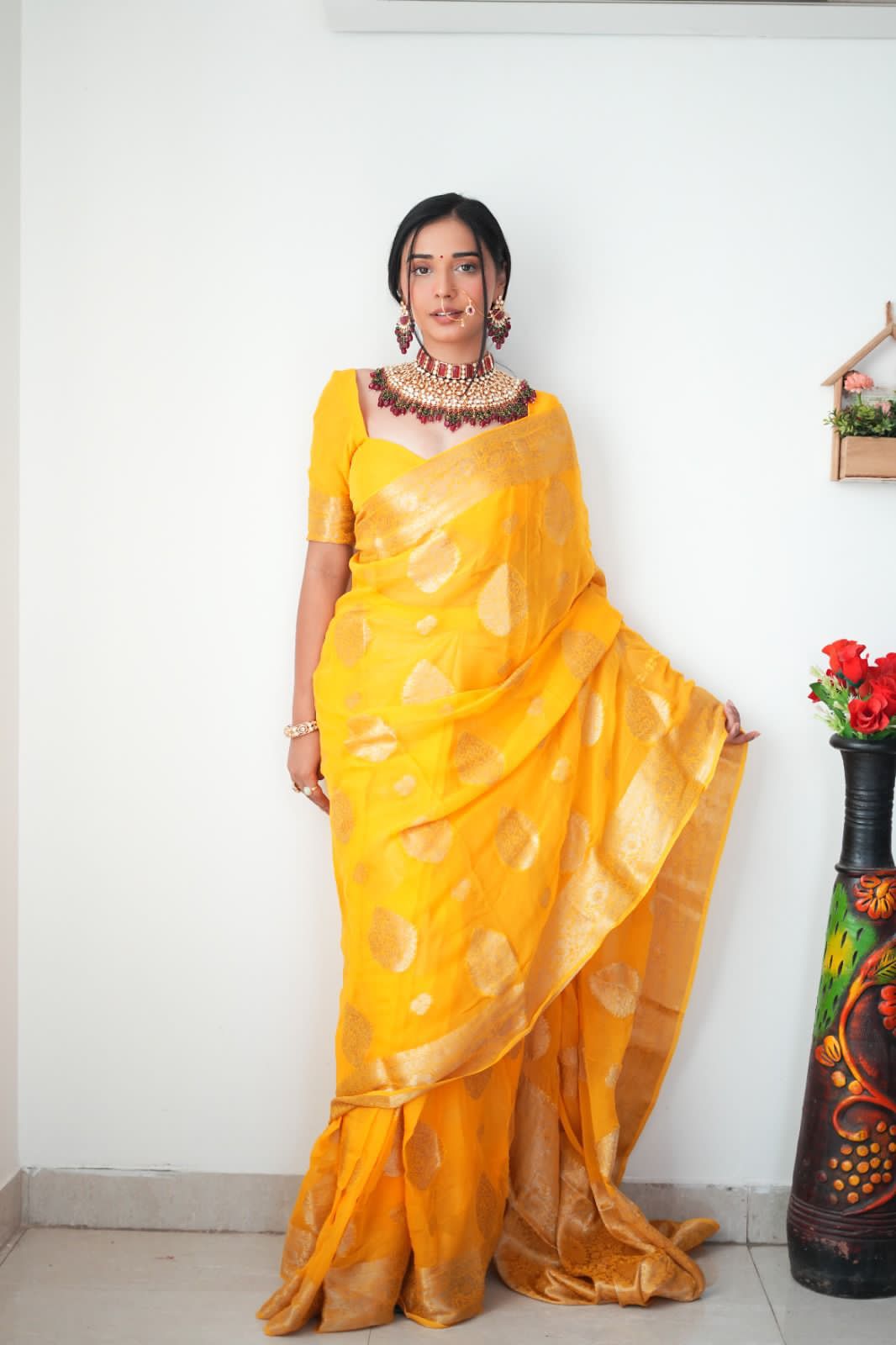 Conflate 1 Minute Ready To Wear Yellow Cotton Silk Saree With Unstitched Blouse