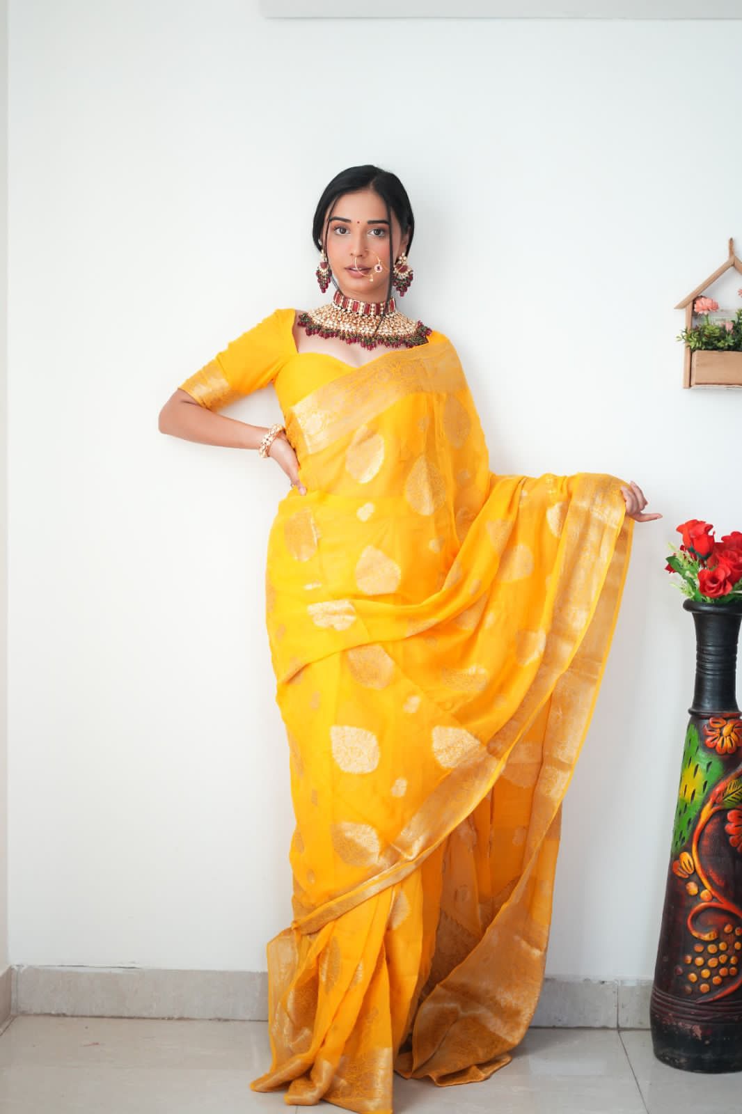 Conflate 1 Minute Ready To Wear Yellow Cotton Silk Saree With Unstitched Blouse