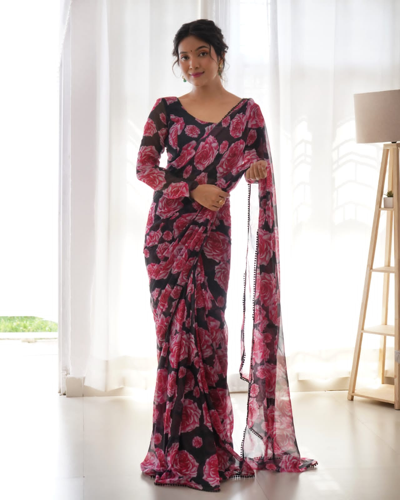 Glorious Black 1 Minute Ready To Wear Floral Digital Printed Georgette Saree With Lovely Blouse Piece