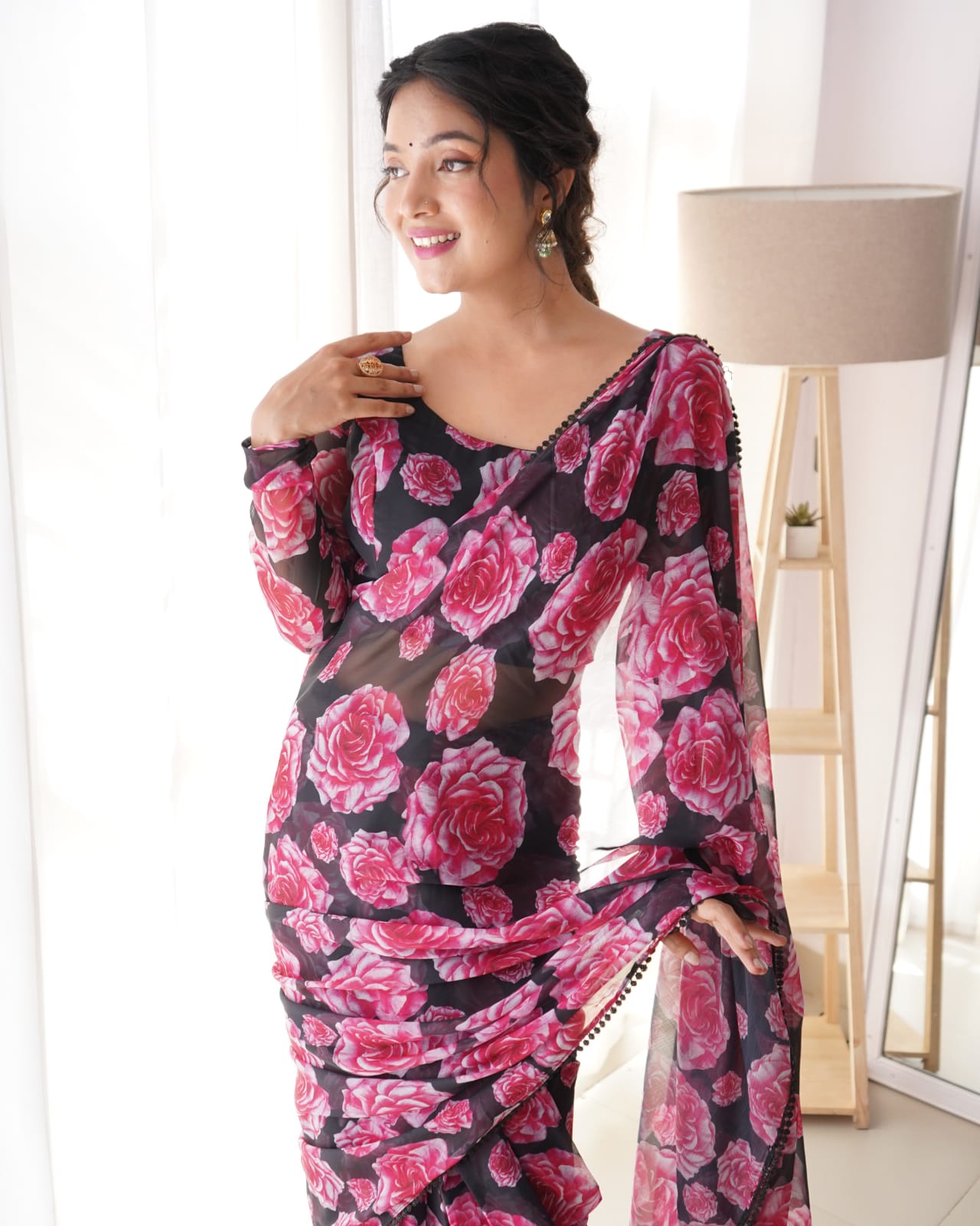 Glorious Black 1 Minute Ready To Wear Floral Digital Printed Georgette Saree With Lovely Blouse Piece