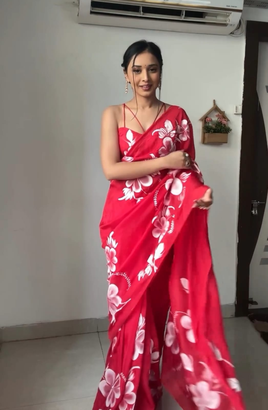 Pleasant Red 1 Minute Ready To Wear Floral Digital Printed Georgette Saree With Seraglio Blouse Piece