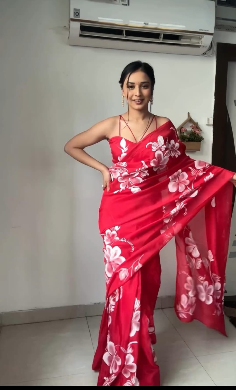 Pleasant Red 1 Minute Ready To Wear Floral Digital Printed Georgette Saree With Seraglio Blouse Piece