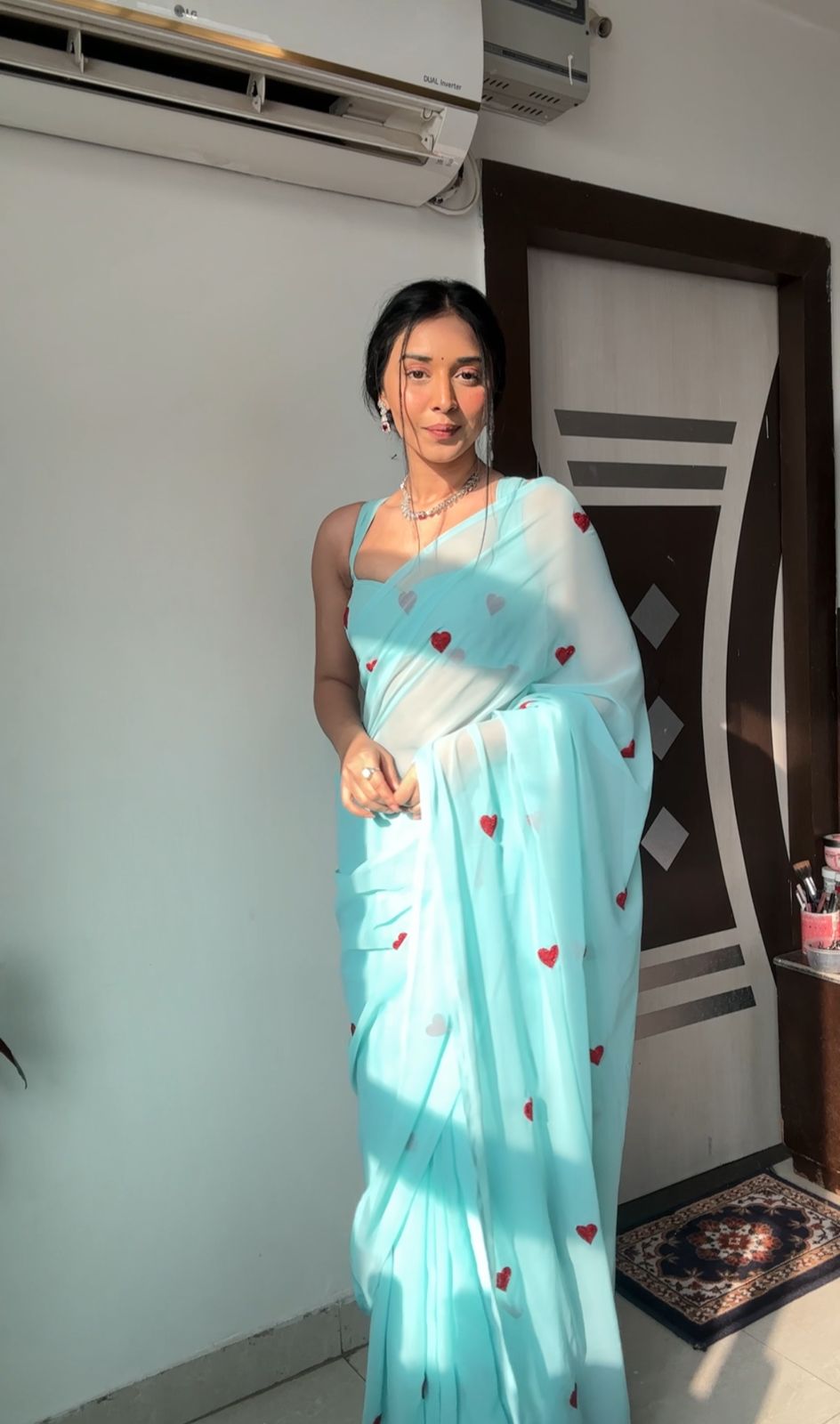 Prominent 1 Minute Ready To Wear Sky Blue Color Premium Georgette Saree