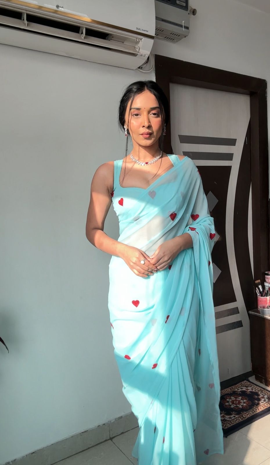 Prominent 1 Minute Ready To Wear Sky Blue Color Premium Georgette Saree