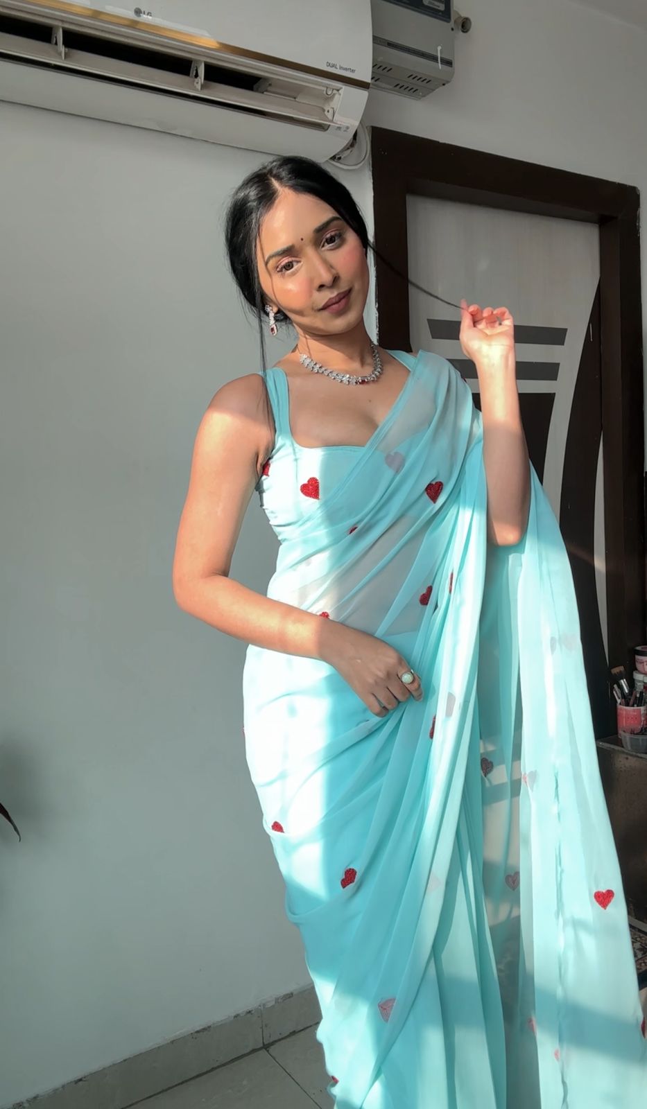 Prominent 1 Minute Ready To Wear Sky Blue Color Premium Georgette Saree