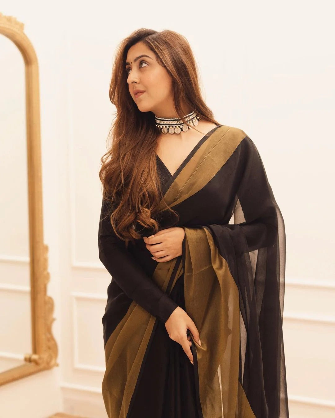 Demesne Black 1 Minute Ready To Wear Zari Patta Chiffon Silk Saree