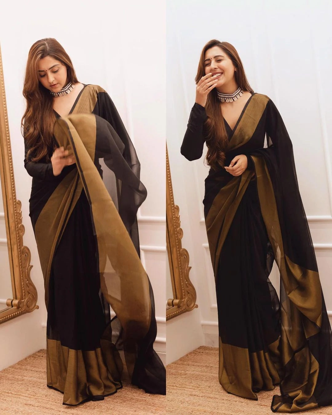 Demesne Black 1 Minute Ready To Wear Zari Patta Chiffon Silk Saree